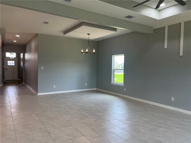 unfurnished room with beamed ceiling, light tile patterned floors, and ceiling fan with notable chandelier