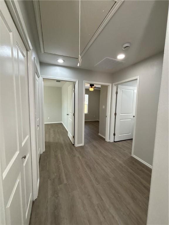 110 Josephine St, Corpus Christi, TX 78401 - corridor featuring attic access, baseboards, dark wood-type flooring, and recessed lighting