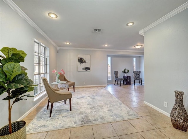 living area with light tile patterned floors and crown molding