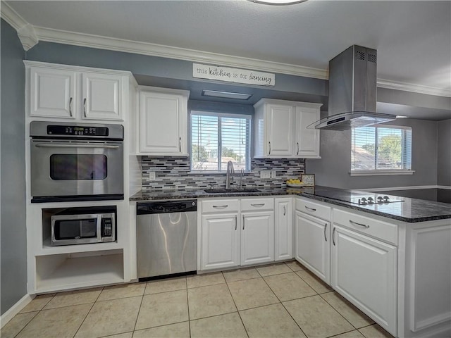 kitchen with island exhaust hood, white cabinets, and stainless steel appliances