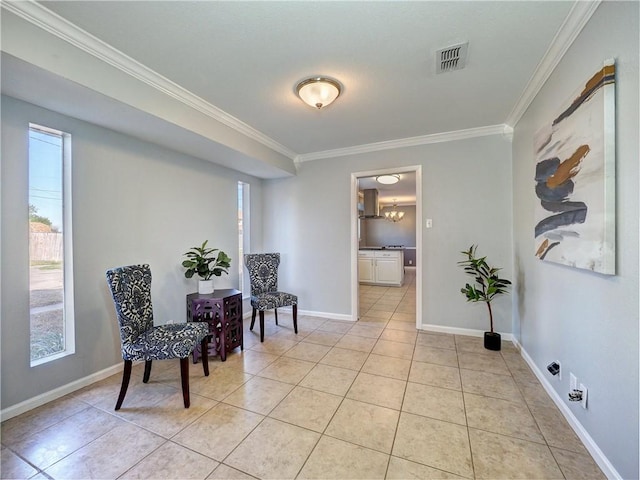 living area with light tile patterned floors and crown molding