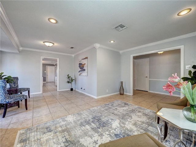 living area featuring light tile patterned floors and ornamental molding