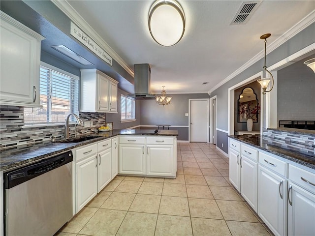 kitchen featuring kitchen peninsula, stainless steel dishwasher, sink, exhaust hood, and white cabinetry