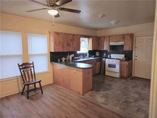 kitchen featuring ceiling fan, tasteful backsplash, kitchen peninsula, white gas stove, and dark hardwood / wood-style flooring