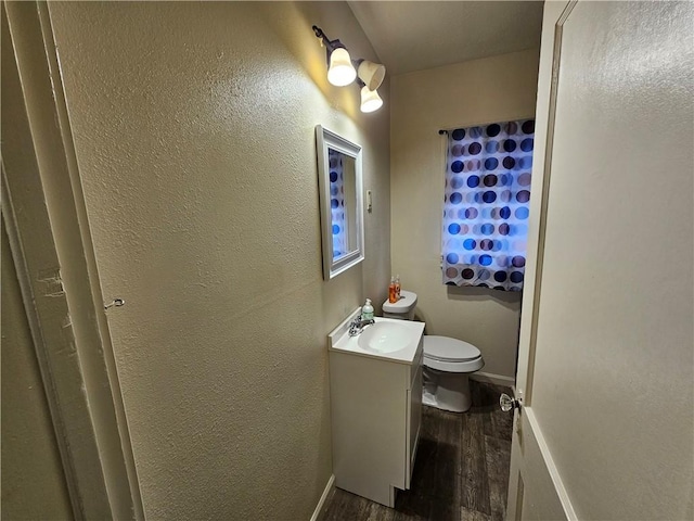 bathroom featuring toilet, vanity, and wood-type flooring