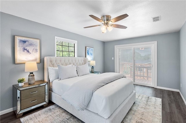 10946 Birdwood, Corpus Christi, TX 78410 - bedroom featuring access to outside, baseboards, dark wood-type flooring, and ceiling fan