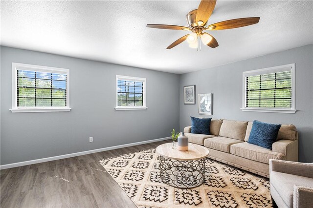 10946 Birdwood, Corpus Christi, TX 78410 - living room featuring healthy amount of natural light, wood finished floors, ceiling fan, baseboards, and a textured ceiling
