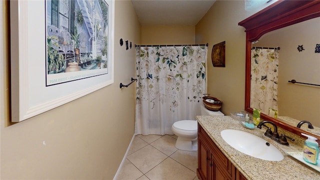 full bathroom featuring a shower with shower curtain, tile patterned flooring, vanity, and toilet