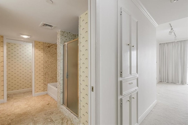 4350 Ocean Dr Unit 103, Corpus Christi, TX 78412 - bathroom with a bathing tub, visible vents, a shower stall, and baseboards