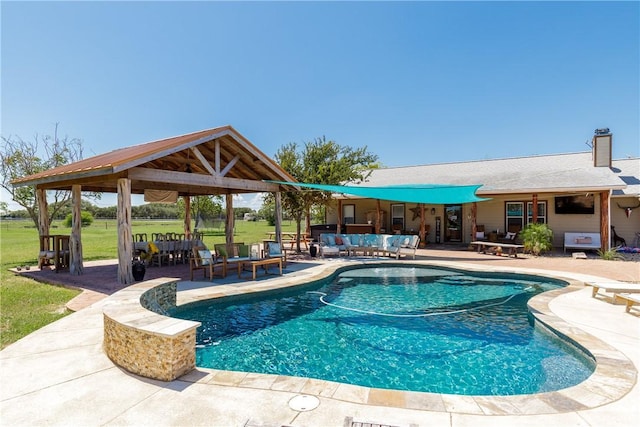 outdoor pool with a patio, an outdoor living space, and a gazebo