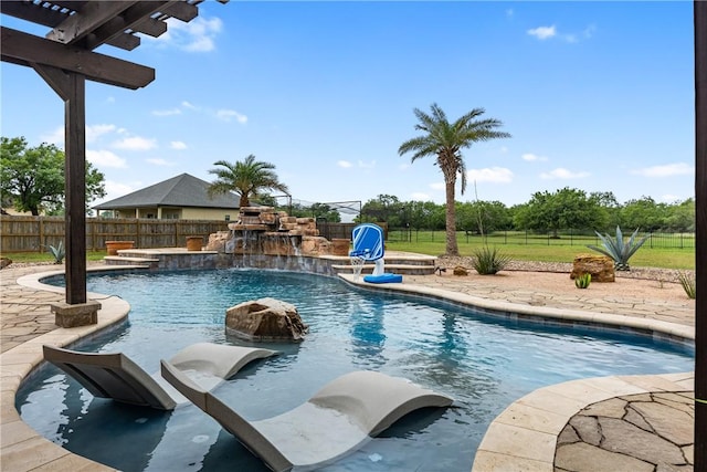 view of pool with a hot tub, a fenced backyard, and a fenced in pool