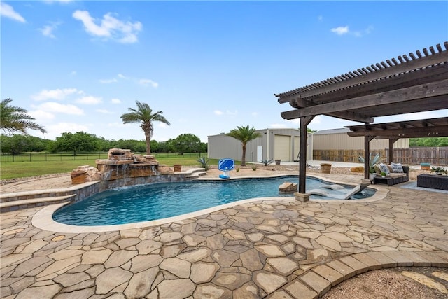 view of swimming pool featuring a fenced in pool, an outbuilding, fence, a pergola, and a patio