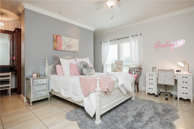 bedroom featuring ceiling fan, crown molding, baseboards, and light tile patterned floors