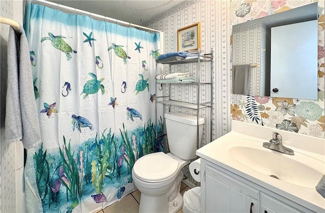 3938 Surfside Unit 3337, Corpus Christi, TX 78402 - full bath with wallpapered walls, vanity, curtained shower, and tile patterned flooring