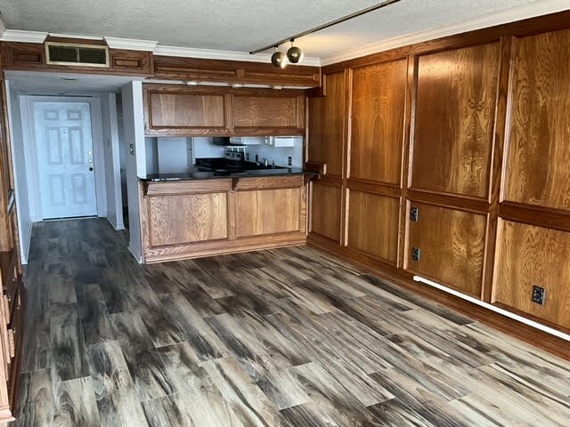 kitchen featuring dark hardwood / wood-style flooring, a textured ceiling, ornamental molding, and rail lighting