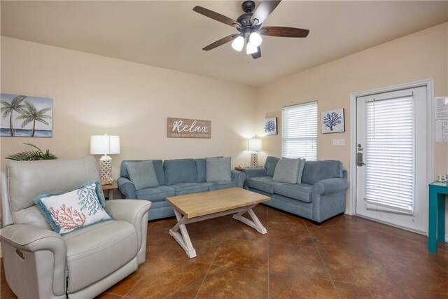 living room featuring ceiling fan