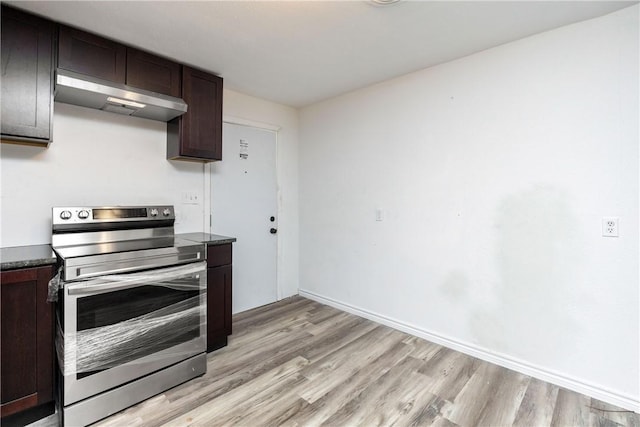 3033 Elgin St, Corpus Christi, TX 78405 - kitchen with stainless steel range with electric cooktop, under cabinet range hood, light wood finished floors, and dark brown cabinetry