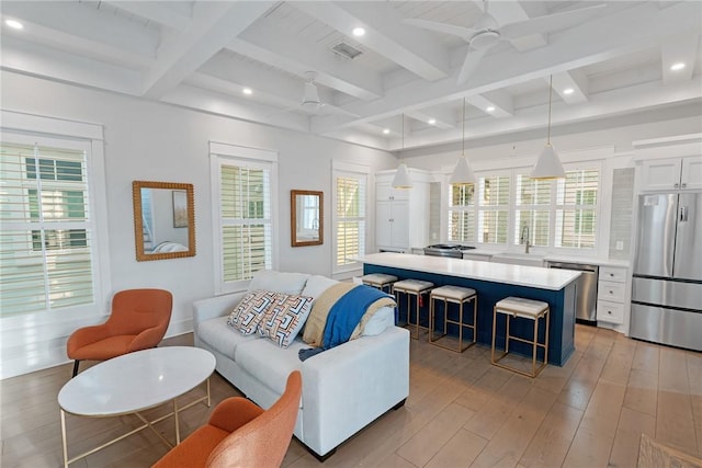 living room featuring light wood-style floors, a healthy amount of sunlight, and ceiling fan