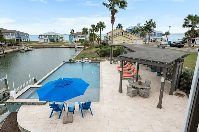 outdoor pool featuring a patio, a water view, a residential view, and a pergola