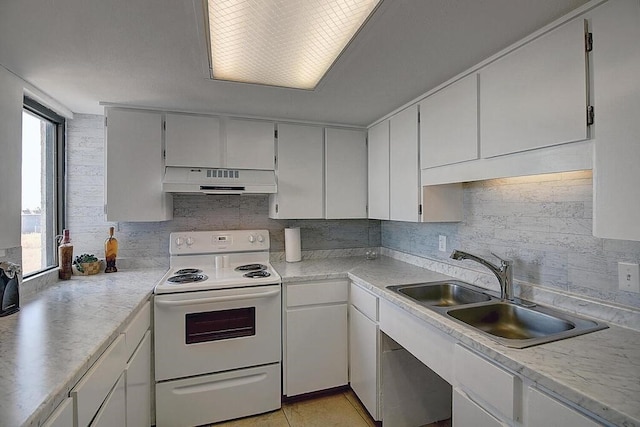 kitchen featuring white cabinetry, sink, extractor fan, and white range with electric stovetop