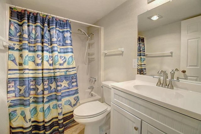 full bathroom with vanity, shower / bathtub combination with curtain, and toilet