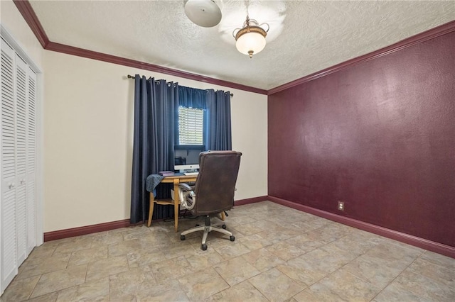 1317 Easthaven Dr, Corpus Christi, TX 78412 - home office featuring stone finish floors, baseboards, a textured ceiling, and ornamental molding