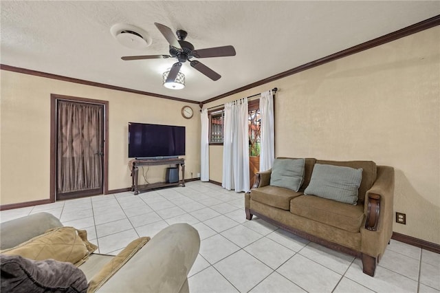 1317 Easthaven Dr, Corpus Christi, TX 78412 - living room featuring light tile patterned flooring, ornamental molding, a ceiling fan, and baseboards
