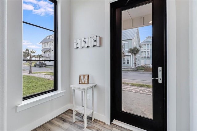 entryway with wood finished floors, baseboards, and plenty of natural light