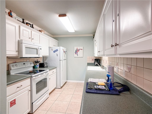 kitchen featuring white cabinets, white appliances, backsplash, and crown molding