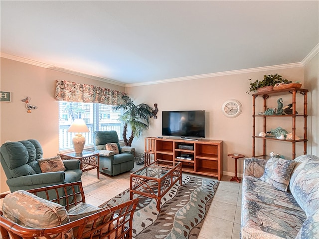 living room with light tile patterned floors and ornamental molding