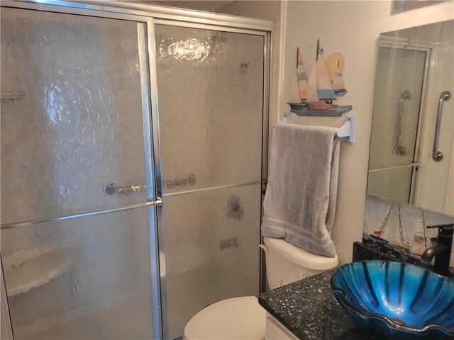 bathroom with toilet, a stall shower, and vanity