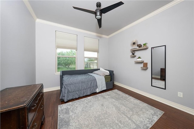 5806 Lago Vista Dr, Corpus Christi, TX 78414 - bedroom featuring ornamental molding, dark wood-style floors, baseboards, and ceiling fan