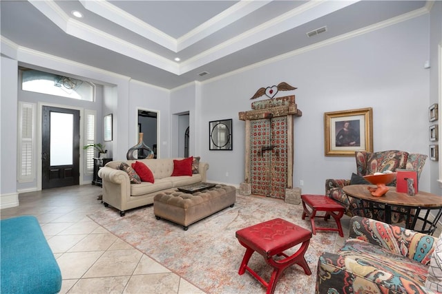 5806 Lago Vista Dr, Corpus Christi, TX 78414 - tiled living room with ornamental molding, a raised ceiling, and a towering ceiling