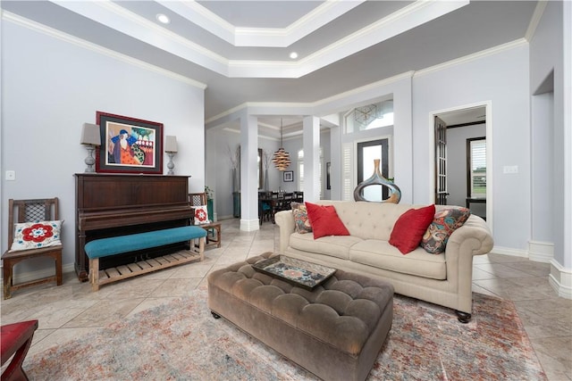 5806 Lago Vista Dr, Corpus Christi, TX 78414 - living area with crown molding, tile patterned flooring, baseboards, and recessed lighting