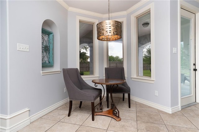 5806 Lago Vista Dr, Corpus Christi, TX 78414 - dining space featuring light tile patterned floors, baseboards, and crown molding