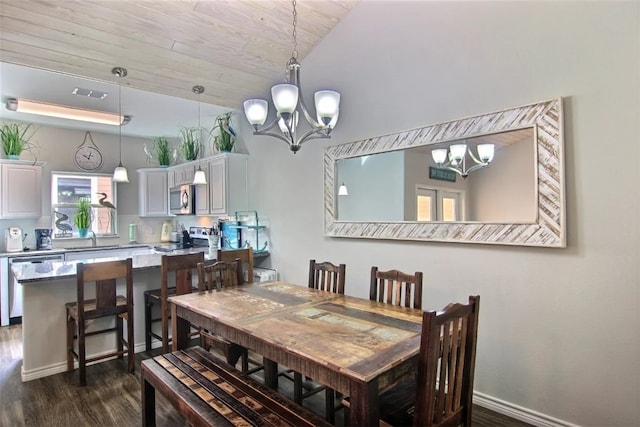 dining room featuring an inviting chandelier, dark hardwood / wood-style floors, sink, and vaulted ceiling