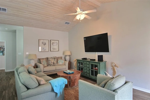 living room featuring dark hardwood / wood-style flooring, lofted ceiling, wooden ceiling, and ceiling fan