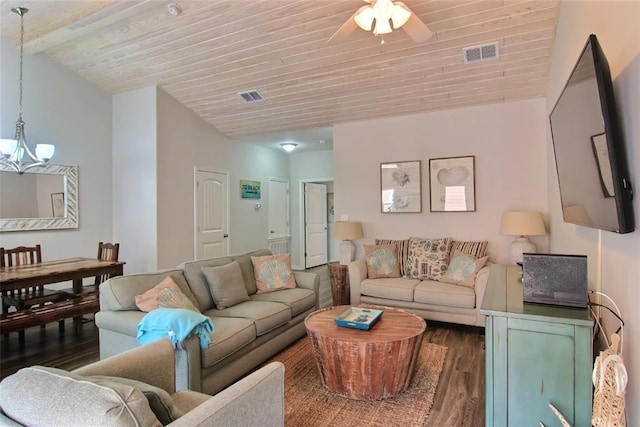 living room with dark wood-type flooring, ceiling fan with notable chandelier, vaulted ceiling, and wooden ceiling