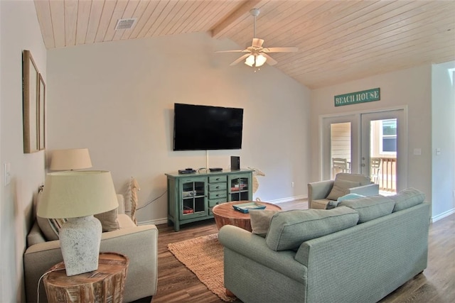 living room featuring wood ceiling, ceiling fan, lofted ceiling with beams, dark hardwood / wood-style flooring, and french doors