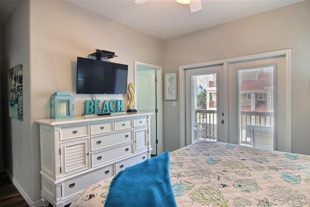 bedroom with access to exterior, french doors, and ceiling fan