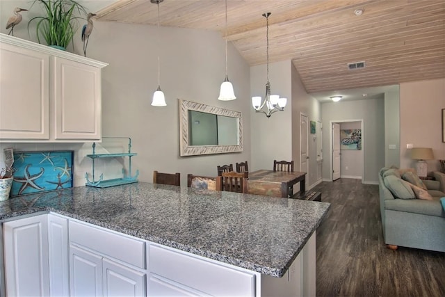 kitchen with pendant lighting, wood ceiling, dark stone countertops, white cabinets, and dark hardwood / wood-style flooring