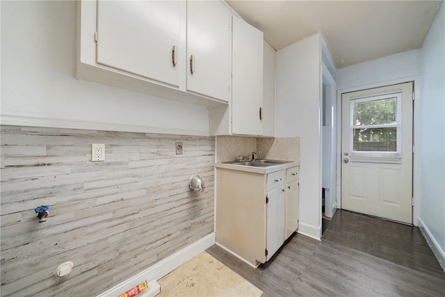 clothes washing area with cabinet space, a sink, wooden walls, wood finished floors, and baseboards