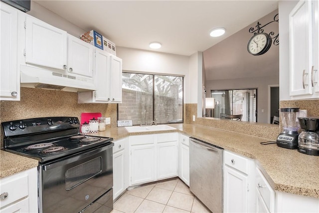 kitchen featuring black electric range oven, sink, white cabinets, and dishwasher