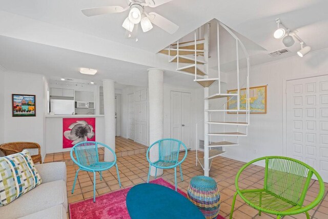 13 Sandpiper Ln, Rockport, TX 78382 - game room with decorative columns, a ceiling fan, and rail lighting