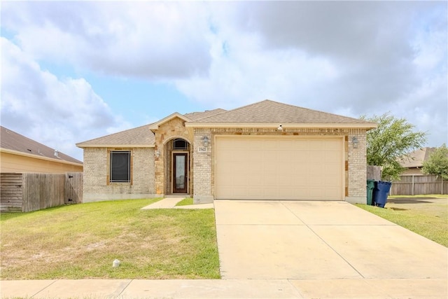 ranch-style house featuring brick siding, fence, a front lawn, concrete driveway, and an attached garage