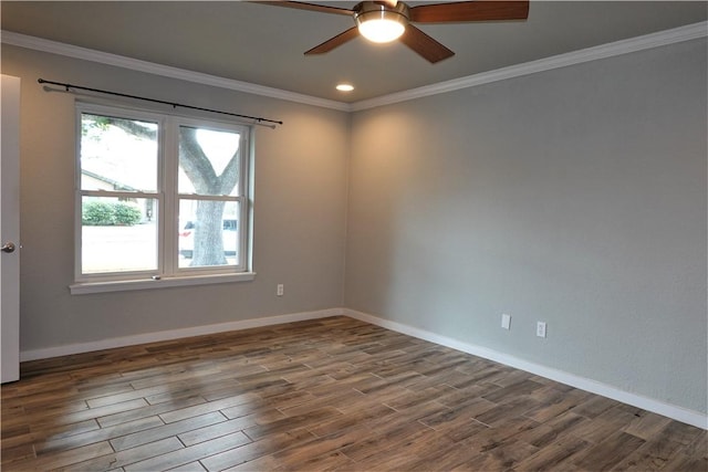 unfurnished room featuring ceiling fan, dark hardwood / wood-style flooring, and ornamental molding