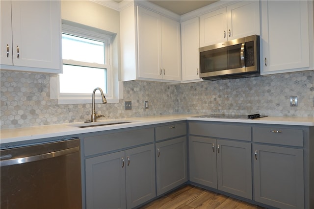 kitchen with gray cabinets, sink, light hardwood / wood-style floors, and appliances with stainless steel finishes