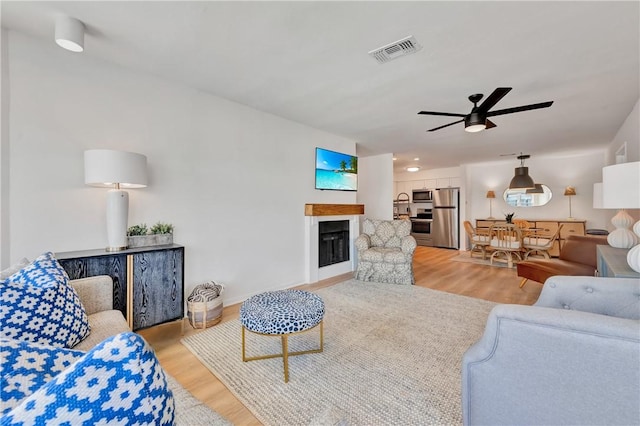 living room with ceiling fan and wood-type flooring