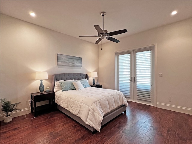 bedroom with dark wood-type flooring, access to outside, recessed lighting, and baseboards