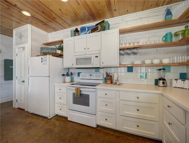 kitchen featuring wood ceiling, white appliances, white cabinets, and backsplash